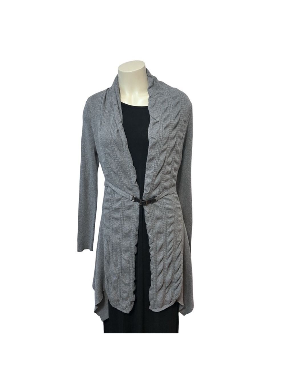 Cache Gray Draped Open Front Cardigan Sweater L Belted Faux Leather Shawl Collar